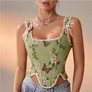Floral & Butterfly Print Asymmetrical Hem Grommet Lace Up Corset Top
